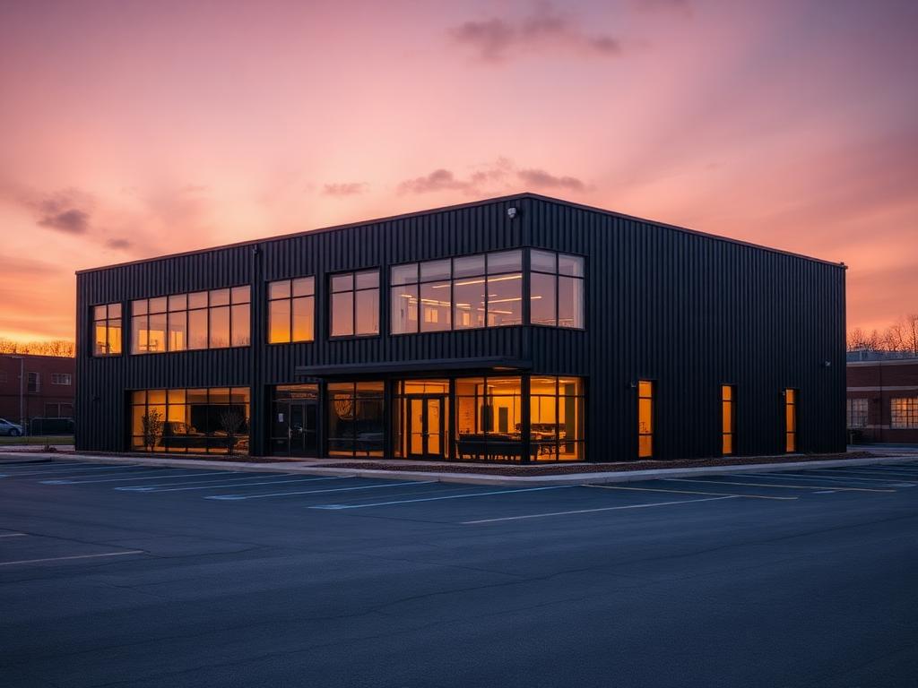 Modern build-to-suit commercial building at dusk