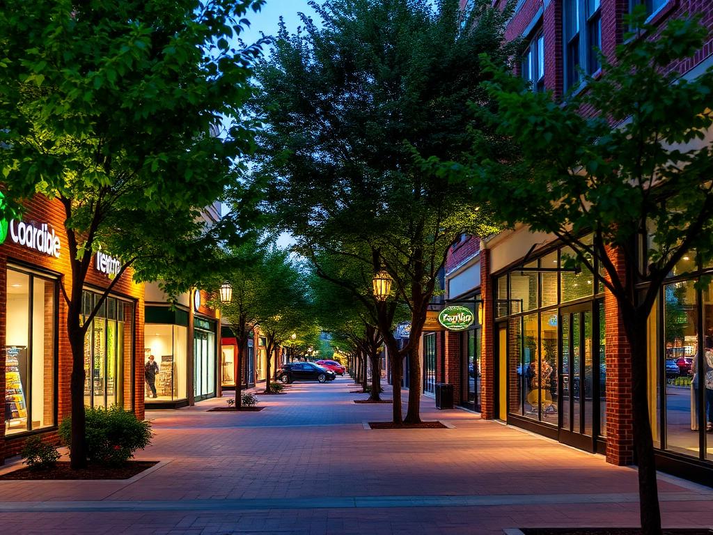 Tree-lined retail promenade with storefronts at dusk